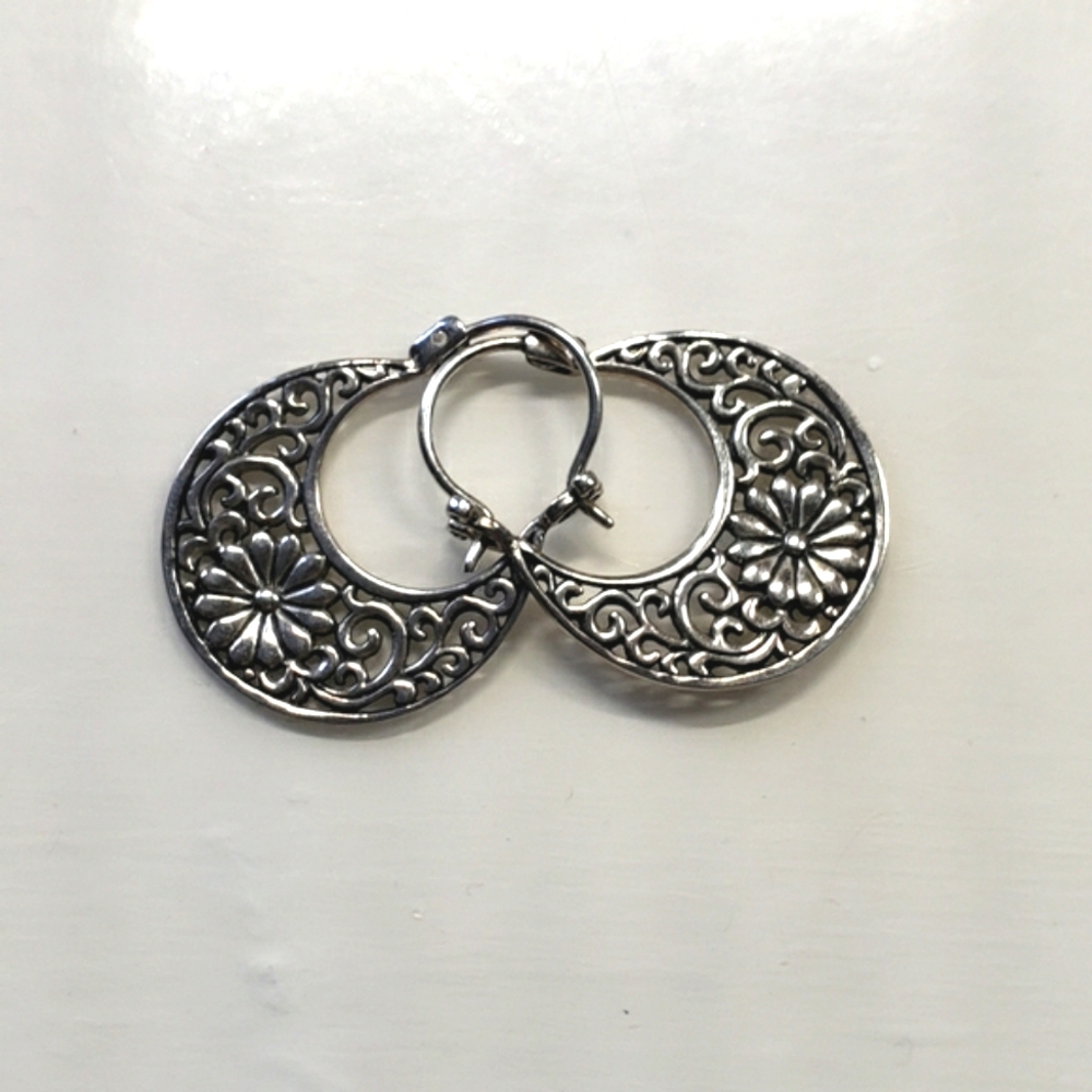 NWOT Sterling Silver Floral Hoop Earrings - Picture 2 of 4
